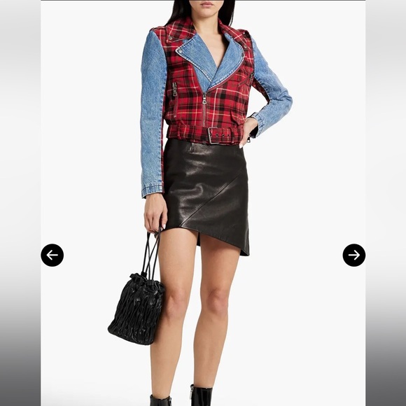 Alice + Olivia - Cody Checked Flannel And Denim Biker Jacket - Picture 2 of 10